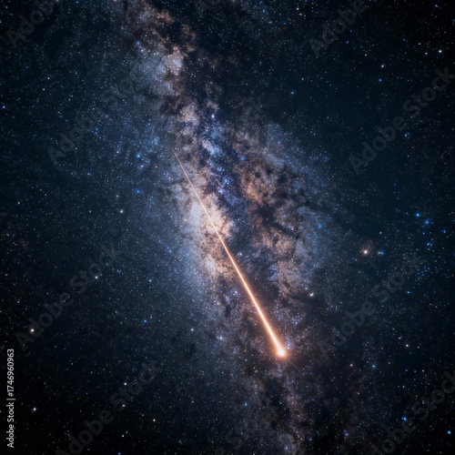 Hyperbolic path of 3I/ATLAS shown as glowing streak across Milky Way backdrop, galaxy spiral arms visible, cinematic vastness.