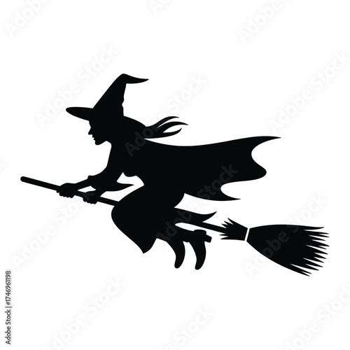 Silhouette of a witch flying on a broomstick against a white background for halloween