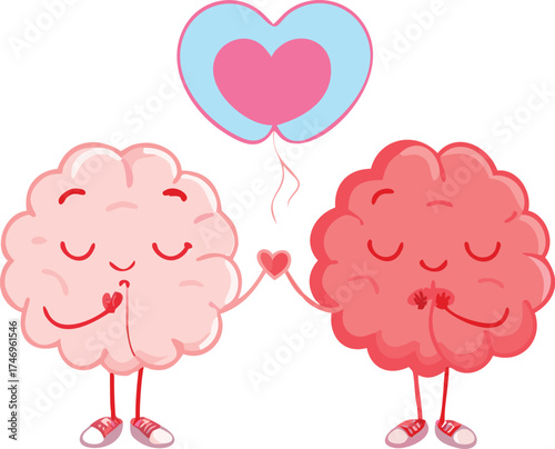 Cute cartoon brain characters sharing love heart for romance and connection vector