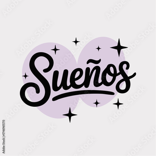  sueños handwritten cursive dreamy stars pastel purple vinyl sticker print poster scalable svg illustrator compatible inspirational bedroom decor and stationery asset