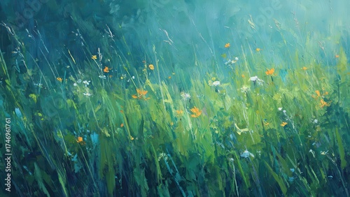 草原に咲く花の油彩風イラスト 自然と風景アート