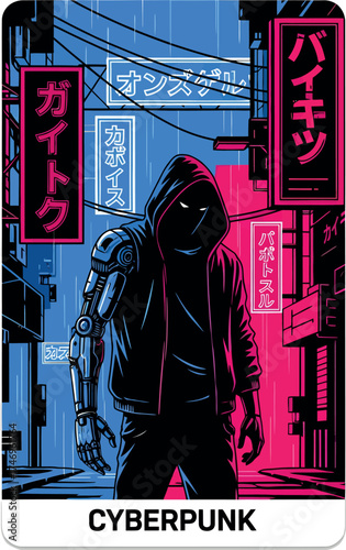 Cyberpunk character with robotic arm in neon city