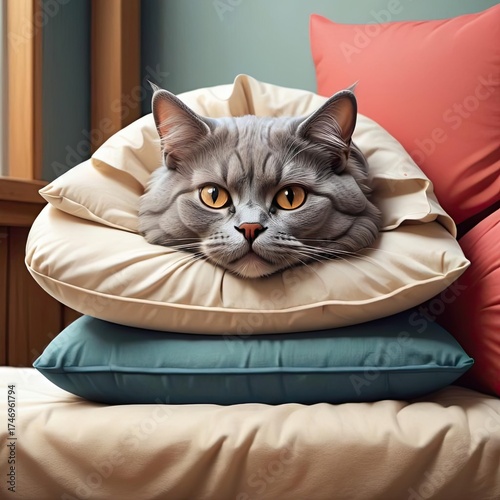 Curious cat comfortably resting on colorful cushions in a cozy indoor setting during the daytime