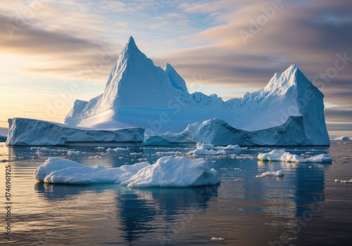 Majestic iceberg formation illuminated by golden hour sunset light