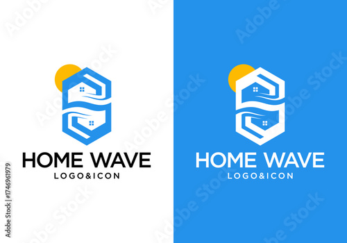 Simple design of house vector logo icon with sun and waves.