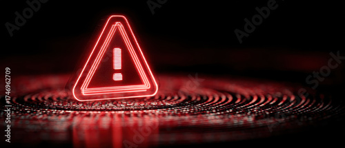 Warning sign red triangle exclamation mark cyber security data breach digital alert glowing neon dark background risk hazard