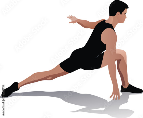 Man performing dynamic stretching exercise for flexibility and fitness vector