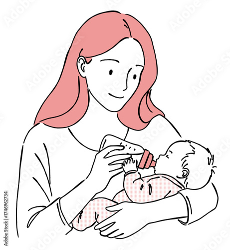 赤ちゃん（乳児）にミルクをあげる女性（母親）の線画イラスト,育児,子育て,笑顔