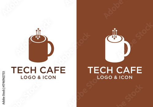 simple technology logo icon vector with a glass of coffee.