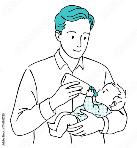 赤ちゃん（乳児）にミルクをあげる男性（父親）の線画イラスト,育児,イクメン,笑顔