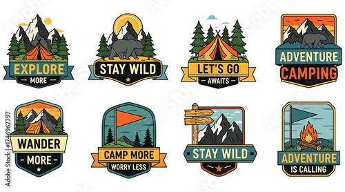 Vector art of a collection of vibrant vector camping badges, each featuring mountains, trees, tents, and bears, with inspiring slogans like explore, stay wild, and adventure is calling