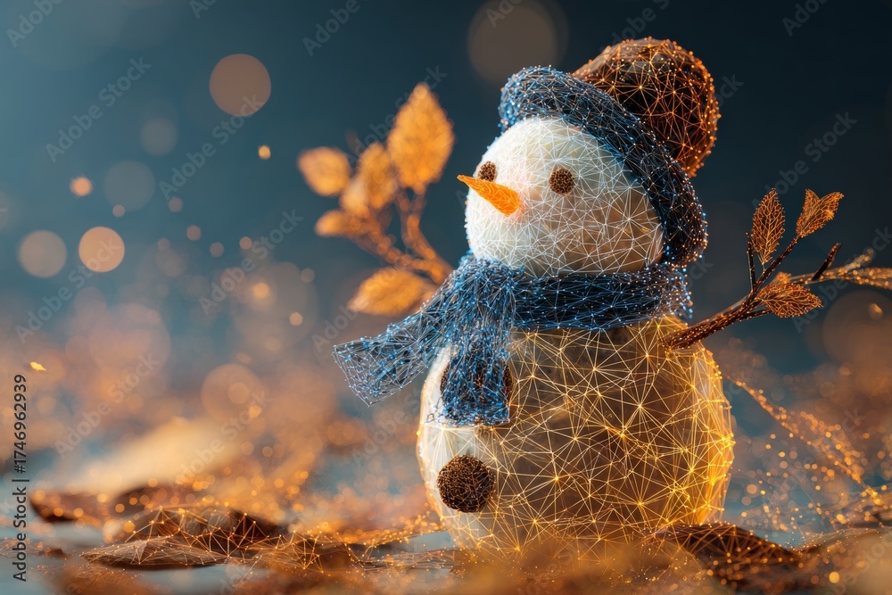 Obraz premium Joyful snowman amidst autumnal hues as nature transitions in subtle grace. Smart technology. Cheerful snowman with vibrant scarf highlights the magic of seasonal change. Intelligent grid.
