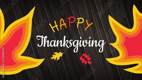 happy thanksgiving day animated  banner  design  autumn leaves on wooden background video footage