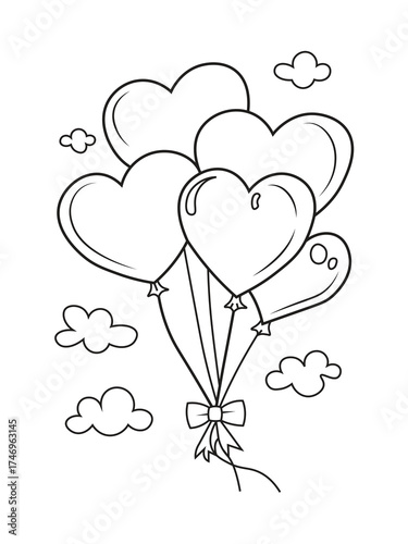 Valentine's Day Line Art: Group of Heart Balloons and Clouds. Kids and Adult Coloring Book Print.