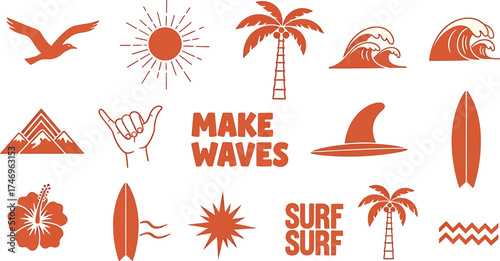 Vector art of a vibrant collection of summer and surfing icons, , featuring a seagull in flight, a radiant sun, a swaying palm tree, crashing waves, majestic mountains, and a shaka hand sign