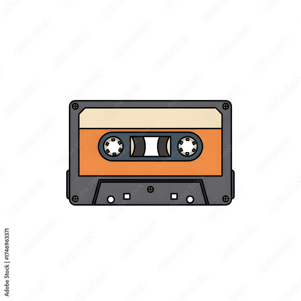 Fototapeta premium Retro audio cassette tape illustration with orange and beige label on a white background, vintage music technology.