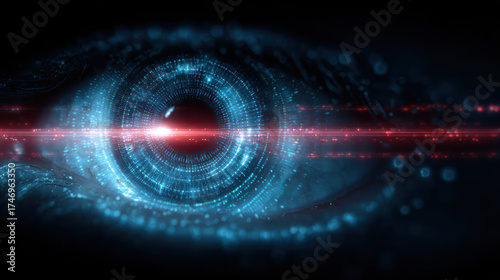 Futuristic eye cyber security digital eye biometric scan data stream neon glow blue light red light technology concept. Futuristic eye watches