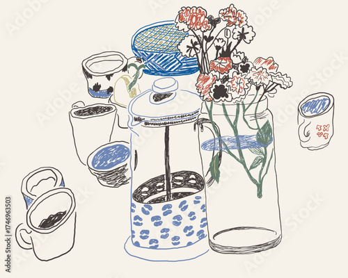 coffee pot, cups and flowers on the table in hand drawn style in vector. Element for design advertisement mail posts poster print postcard banner decor backgrounds