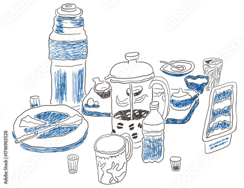 dishes on the table in hand drawn style in vector. Element for design advertisement mail posts poster print postcard banner decor backgrounds