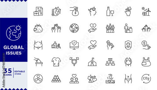  Pixel Perfect, Global issues line editable icon set. Social Issues Icon Set.Containing icons related to global issues, Social issue, problems,