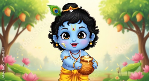 Baby krishna crawling with butter pot in garden, cute hindu deity child illustration, playful divine character in vibrant nature scene with flowers and peacock feather