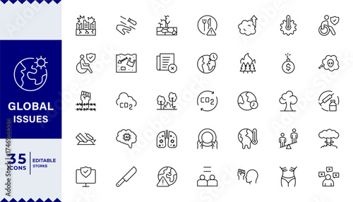  Pixel Perfect, Global issues line editable icon set. Social Issues Icon Set.Containing icons related to global issues, Social issue, problems,