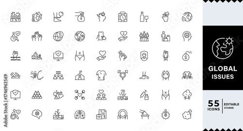  Pixel Perfect, Global issues line editable icon set. Social Issues Icon Set.Containing icons related to global issues, Social issue, problems,