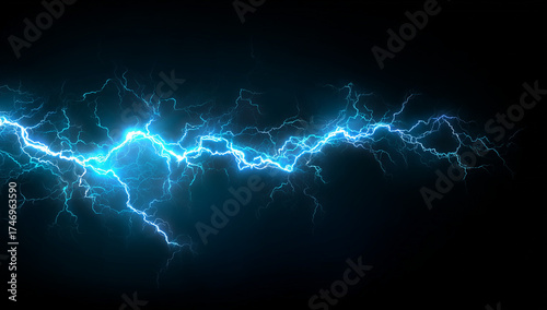 Blue Electric Lightning Strike. Bright Blue Electric Lightning in Dynamic Stormy Night, Glowing blue electric energy streams on dark background, 