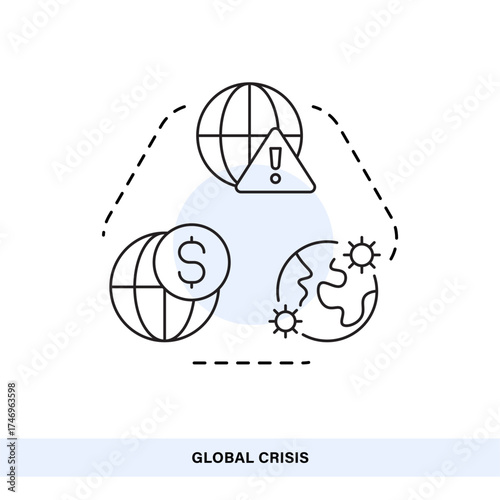 Global Crisis Line Icons Set Pandemic Virus, Financial Risk, World Alert Vector