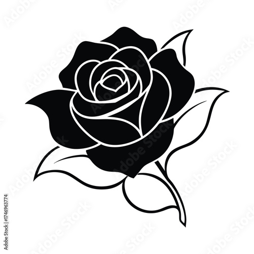 Elegant black silhouette of a blooming rose with detailed petals and leaves