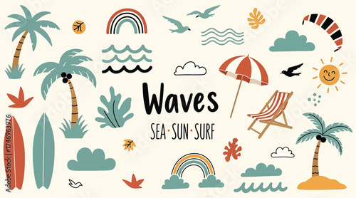 Vector art of a vibrant beach scene with palm trees, surfboards, and waves, inviting you to soak up the sun and enjoy the sea, perfect for a summer getaway and relaxation