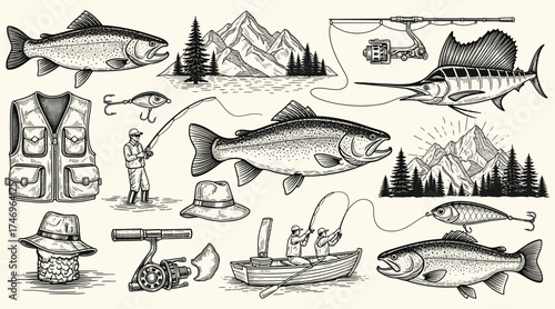 Vector art of a captivating collection of fishingthemed illustrations, showcasing various fish species, fishing gear, and scenic landscapes, all meticulously handdrawn in a vintage, sketchlike style