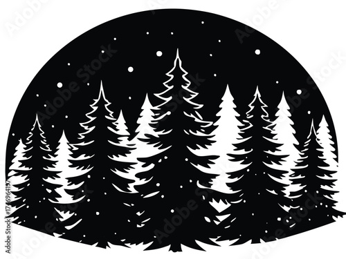 Vector art of silhouette of a forest with fir trees and falling snow