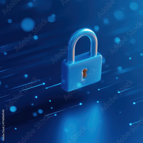 Secure padlock cyber security data protection network privacy encryption digital safety blue background glowing lines internet defense