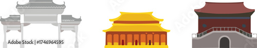 Traditional Chinese architecture, temple gate, imperial palace, red pavilion, cultural heritage, ornate roof, historical design, Asian landmark, stylized illustration
