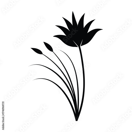 Elegant black silhouette of a stylized lotus flower with budding stems