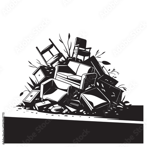 Vector art of a pile of discarded furniture and debris, including chairs and a sofa, sits on the side of the road, suggesting waste and neglect