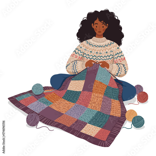 Hand Made Young woman knitting a colorful patchwork blanket cozy hobby and creative activity isolated on white background