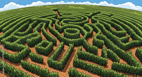 Aerial View of Complex Hedge Maze Garden, Pixelated Graphic Design