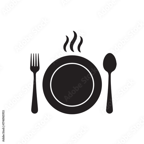 Vector art of a black silhouette of a plate with steam rising from it, placed between a fork and a spoon