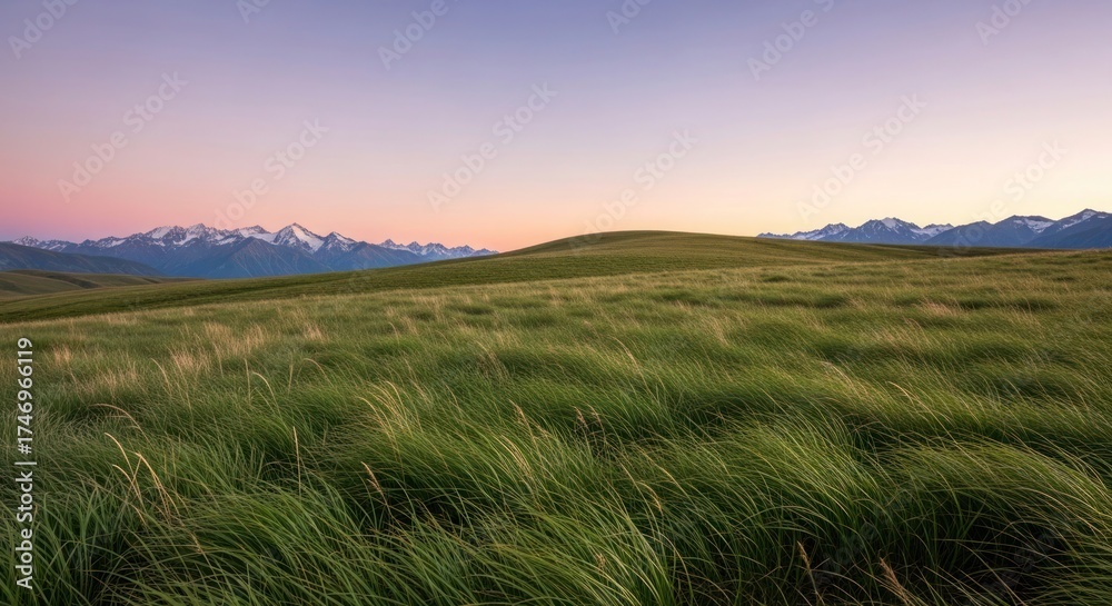 Obraz premium Tranquil grasses whisper before majestic mountains