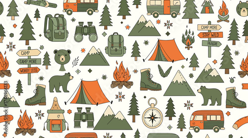 Vector art of seamless camping pattern on shows a fun outdoor adventure with tents, trees, mountains, backpacks, campfires, compasses, and hiking boots