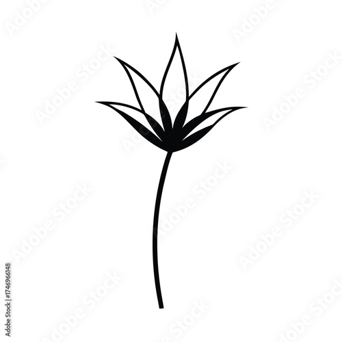 Elegant minimalist black flower silhouette with delicate petals and slender stem silhouette
