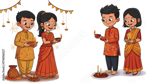 Happy kids celebrating Diwali festival, children lighting diyas, Indian traditional dress, festive lights, joyful celebration, Hindu festival of lights, decoration