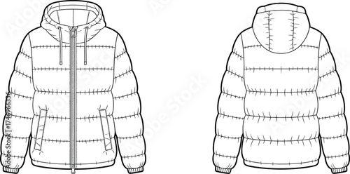 Hooded puffer jacket flat sketch with horizontal quilted stitching, zipper front, side pockets, elastic cuffs and hem, apparel design illustration
