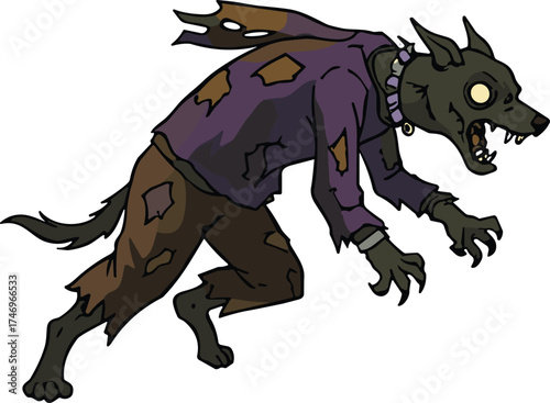 Cartoon werewolf creature in tattered clothes with sharp teeth and claws, humanoid wolf monster illustration, horror folklore transformation, spooky Halloween character design