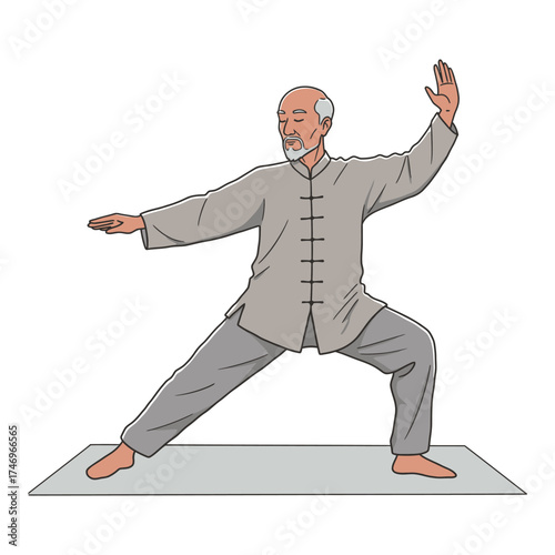 Hand Made Senior man practicing Tai Chi a traditional Chinese martial art vector illustration isolated on white background