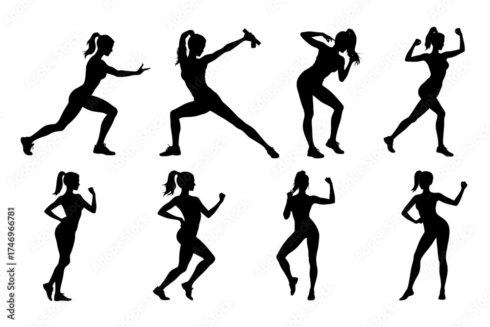 Obraz premium Vector silhouettes of women training, symbol of power, discipline and healthy life.