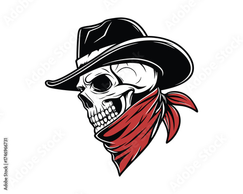 A detailed illustration of a skull wearing a cowboy hat and a red bandana, presented in a classic tattoo style