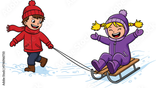 Happy kids sledding in snowy winter, cheerful children playing outdoors, fun holiday activity, cold weather adventure, joyful laughter, wintertime enjoyment